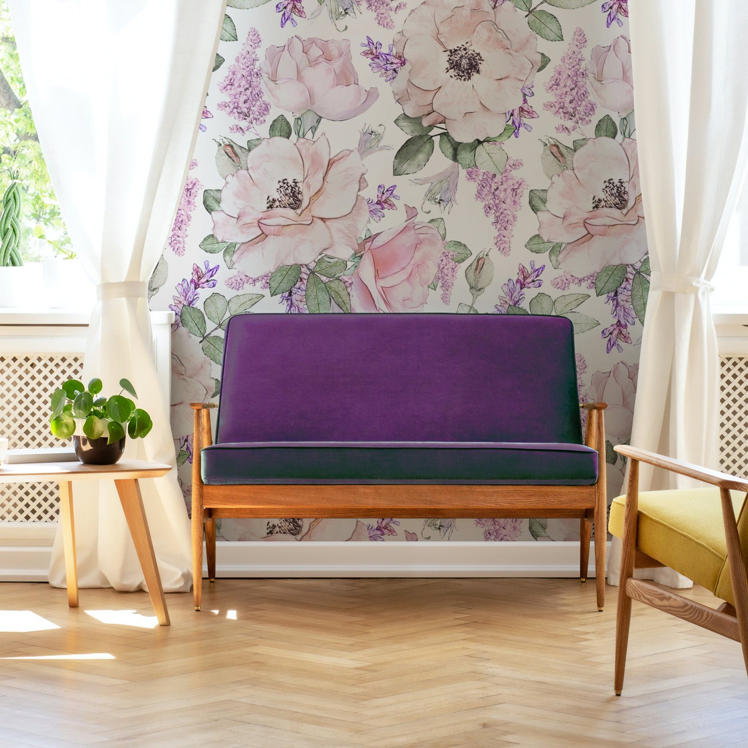 Watercolor Pink Floral Pattern with Wisteria Wallpaper Mural - Peel and Stick