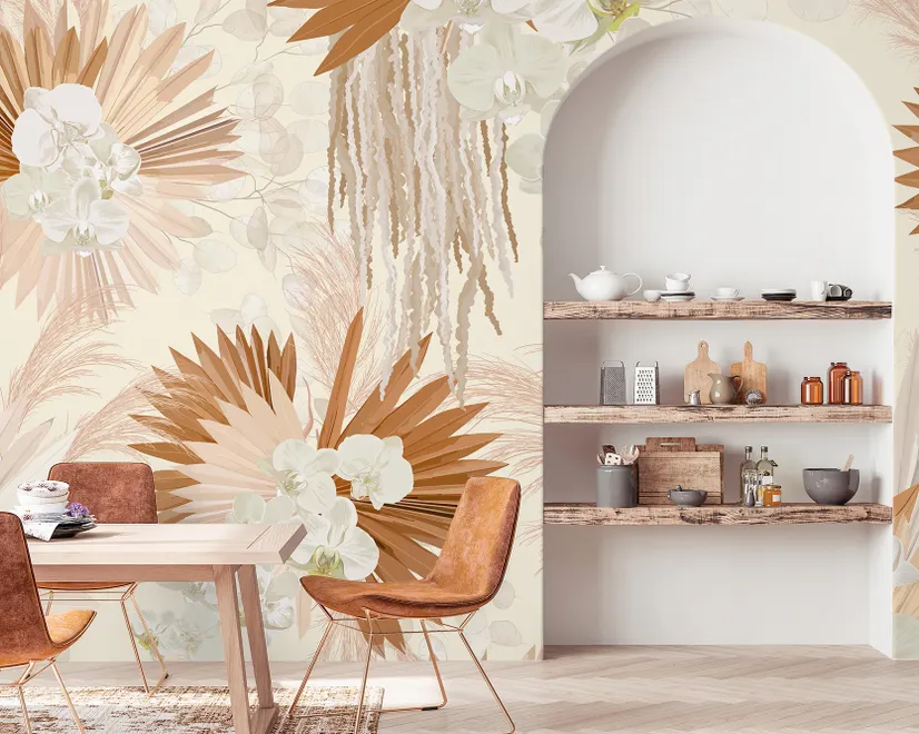 Neutral Boho Plants with Palm Leaf Wallpaper Mural