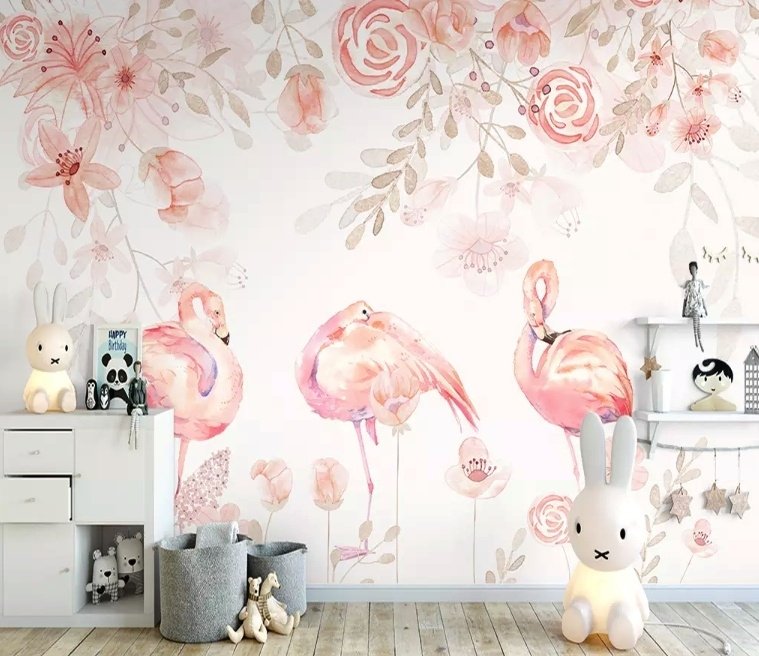 Pink Flamingo with Pink Flowers Wallpaper Mural