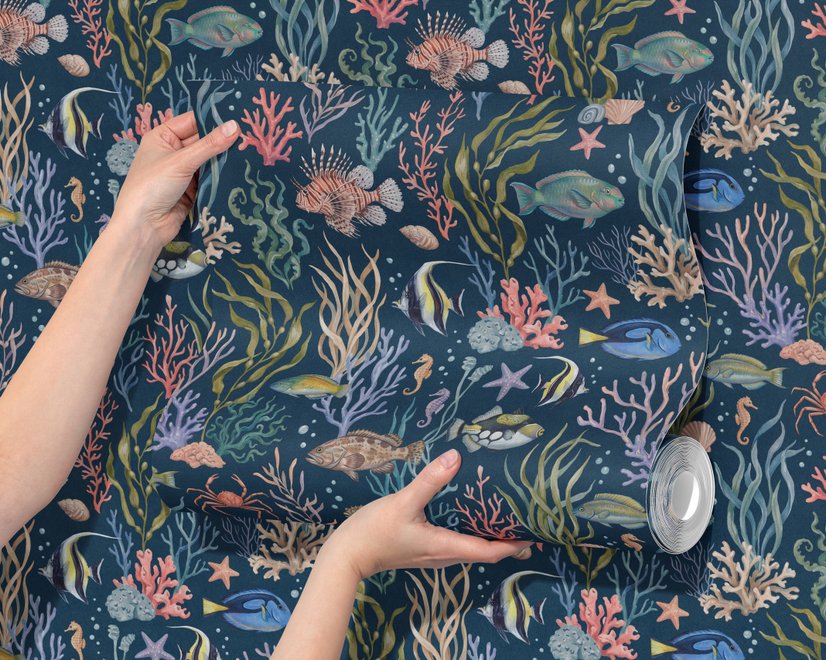 Aquarium fish tank wallpaper repeat with tropical fish, coral, seaweed, shells and bubbles on deep navy blue
