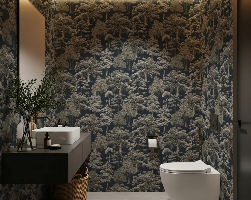 Navy wallpaper with warm ivory and taupe grey toile tree repeat on deep slate blue ground