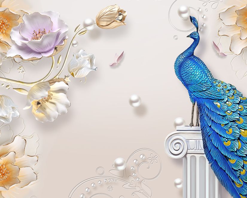 3D Embossed Look Tulip Floral with Peacock Wallpaper Mural
