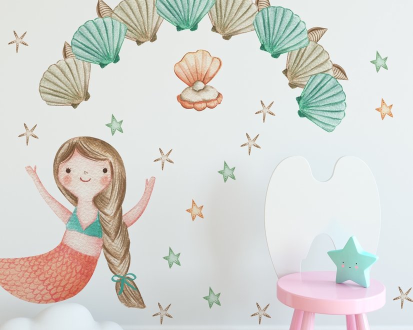 Kids Mermaid Girls with Pearl Oyster Wall Decal Sticker
