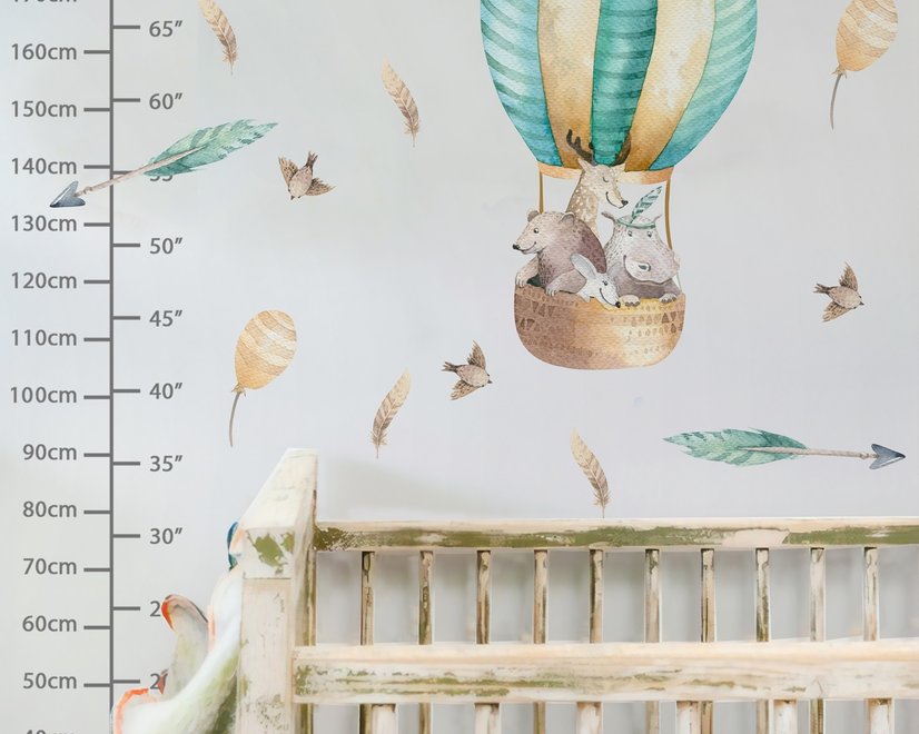 Kids Watercolor Hot Air Balloon with Animals and Colorful Feathers Wall Decal Sticker