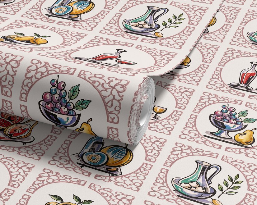 Bar wallpaper with cream tile grid, dusty rose arches, illustrated wine bottles, fruit and café still lifes