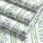 Blue floral stripe wallpaper with pale sky-blue bell flowers, green vines and sage bands on white