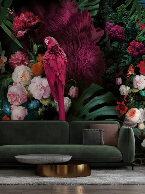 Papier peint perroquet rose avec fleurs colorées