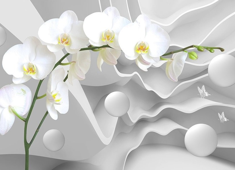 White Orchid Floral with Abstract Stripe Wallpaper Mural