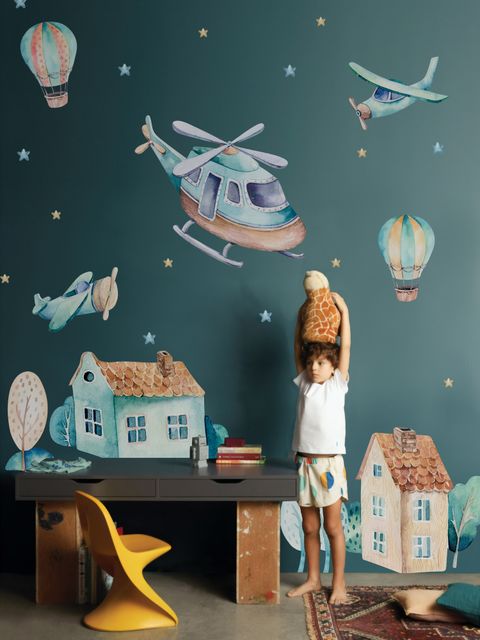 Kinder Cartoon Dorf für Jungen Wasserfarben Flugzeug und Heißluftballon Wandtattoo