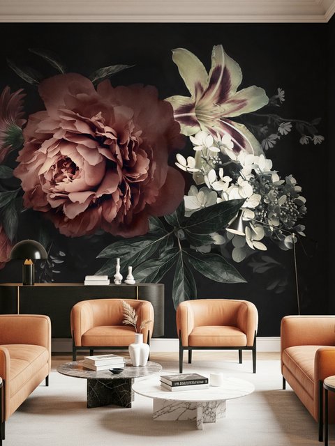 Dark Floral Bouquet with Red Peony and Lily Wallpaper Mural