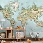 Watercolor Kids World Map with Soft Animals Wallpaper Mural