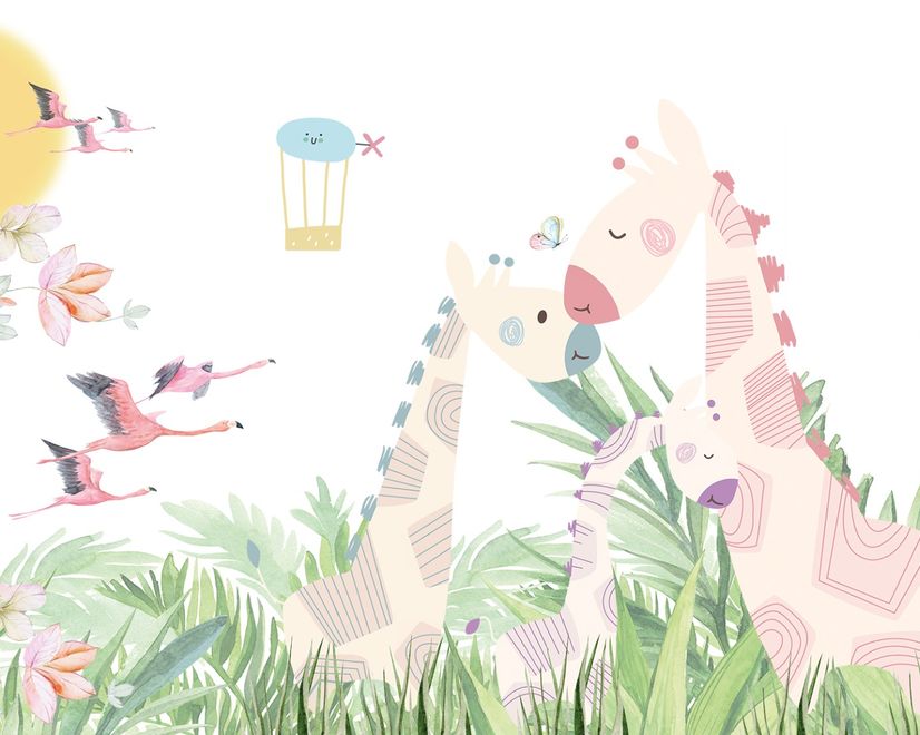 Nursery Tropical Landscape with Cute Girrafes Wallpaper Mural