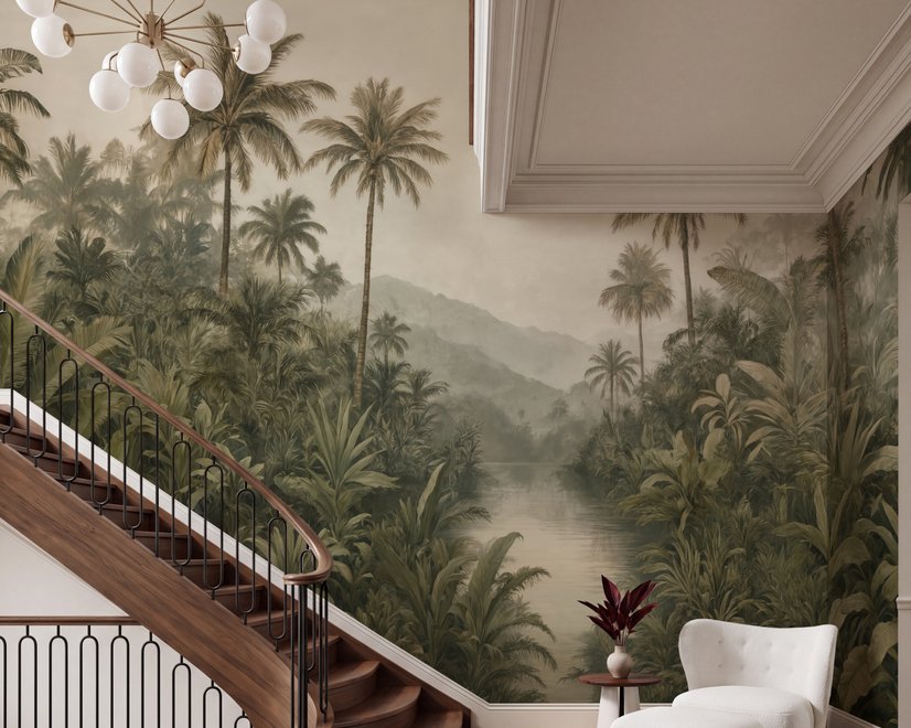 Misty tropical forest wallpaper with palms, pale river and hazy hills in muted green sepia