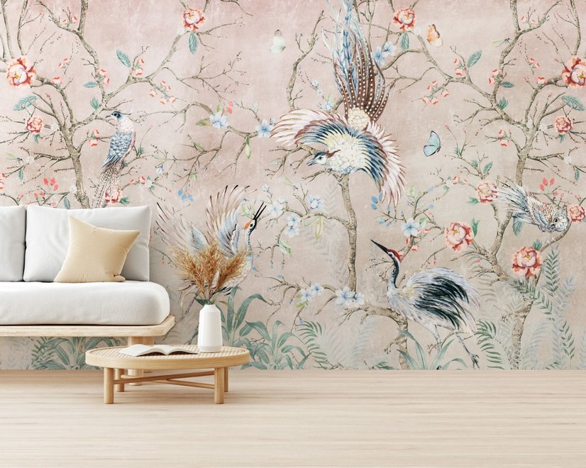 Papier peint panoramique Chinoiserie Fleur de Pivoine avec Oiseaux Chinois
