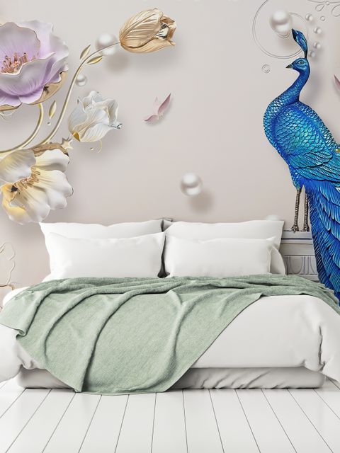 Papier peint panoramique en 3D avec des tulipes florales et des paons