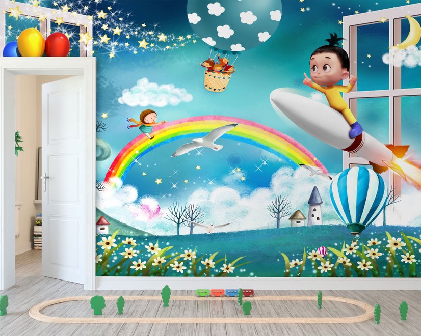 Papier peint monstres de dessin animé et de montgolfière