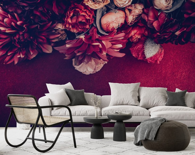 Papier peint bouquet de dahlia rouge et rose