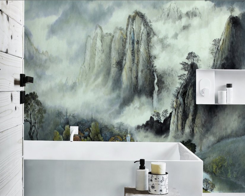 Nebelige Chinesische Berglandschaft und Wasserfälle Fototapete