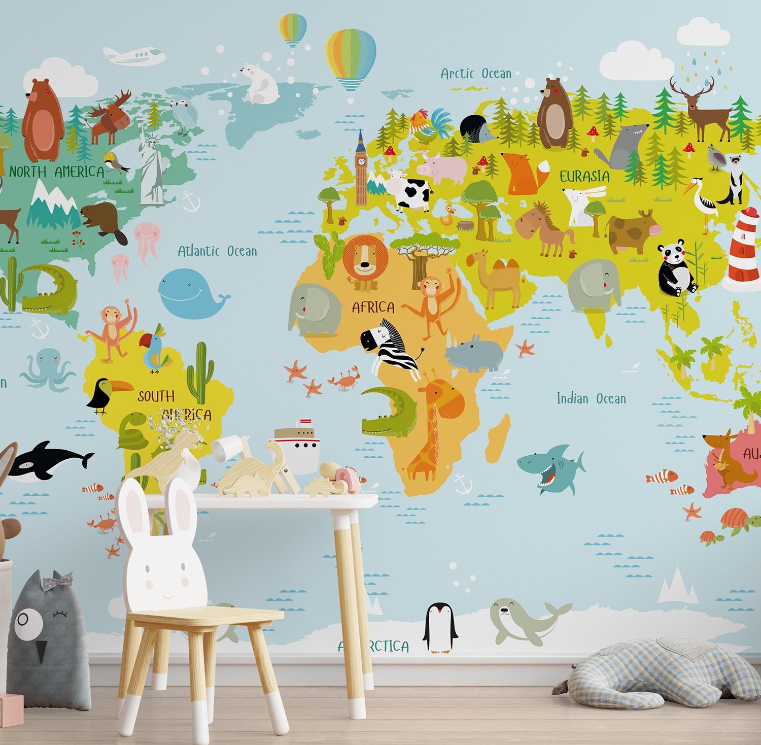 Сolorful Kids World Map with Animals Wallpaper Mural - Peel and Stick