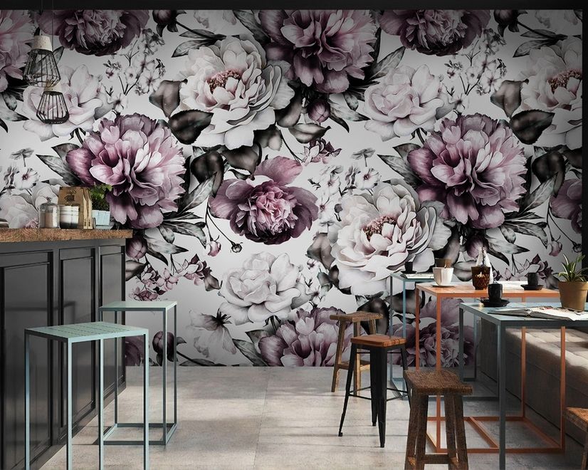 Papier peint panoramique vintage foncé avec fleurs de pivoine