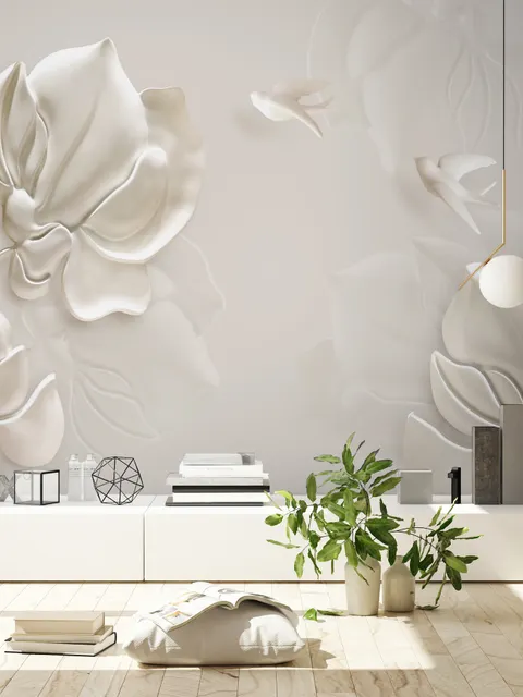 3D Embossed Look Magnolia Floral Art Wallpaper Mural