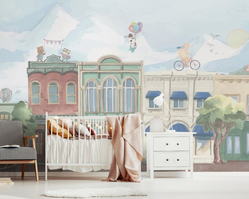 Kids Village Drawing with Cartoon Animals Wallpaper Mural