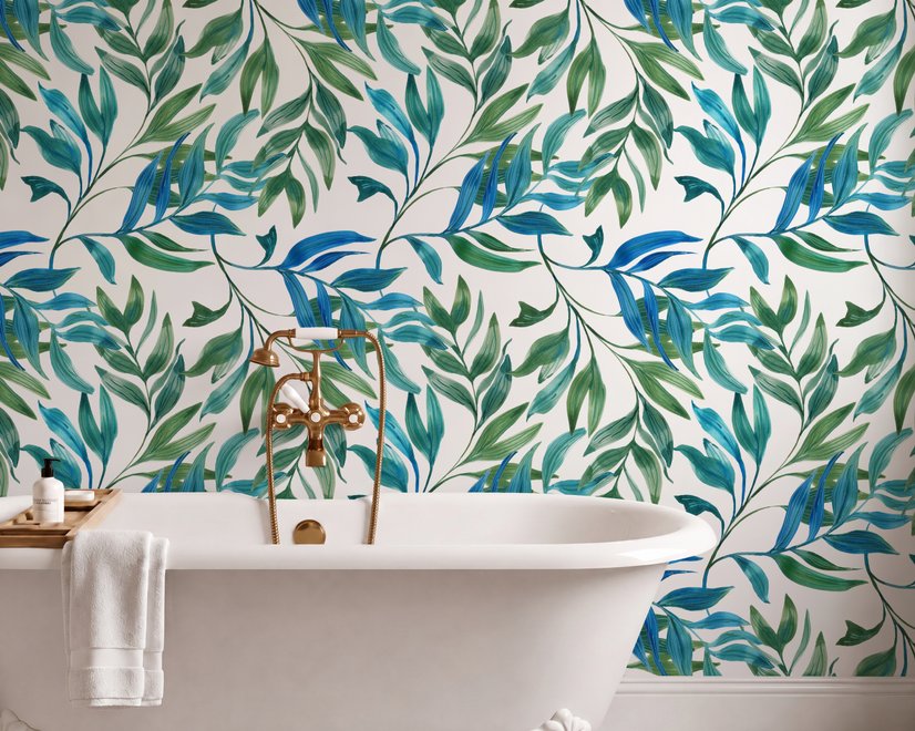 Dark olive green wallpaper with teal and cobalt watercolour lance leaves on a white ground