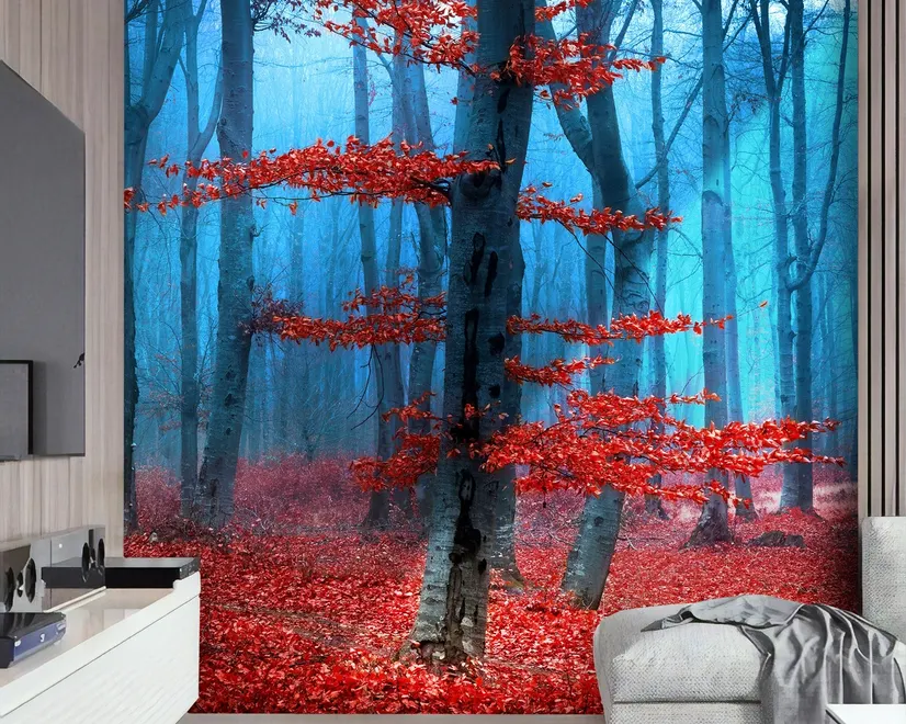 Autumn Forest with Red Leaves Landscape Wallpaper Mural