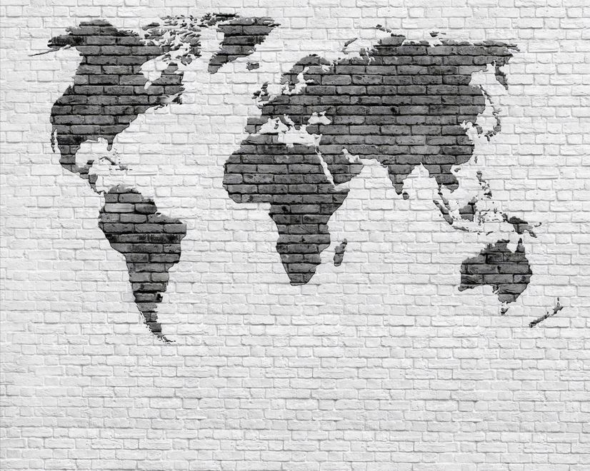 Black White Brick World Maps Wallpaper Mural