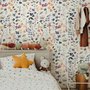 Watercolour floral wallpaper repeat with navy, blue, blush and peach wildflowers on warm cream