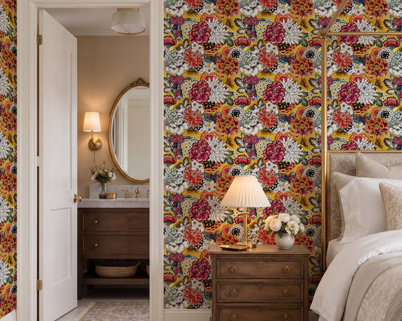 Floral and fish wallpaper with coral blooms, teal fish and black white flowers on metallic mustard-gold ground