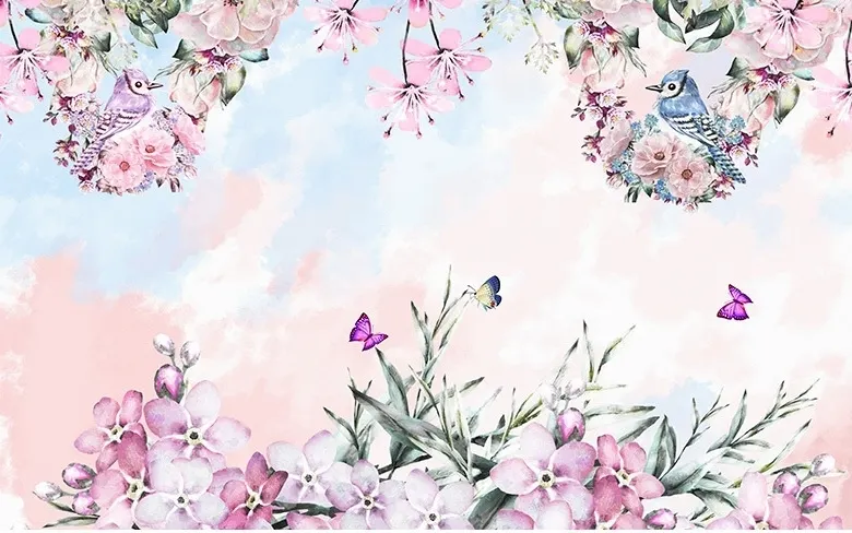 Watercolor Pink Floral Garden Wallpaper Mural