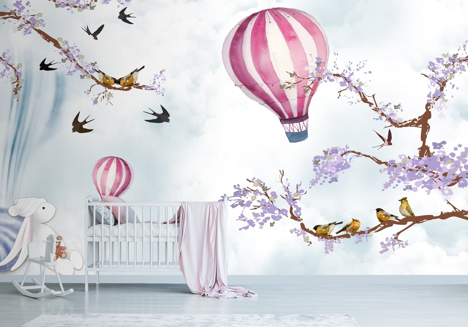 Kids Hot Air Balloon with Purple Blossom Wallpaper Mural - Peel and Stick