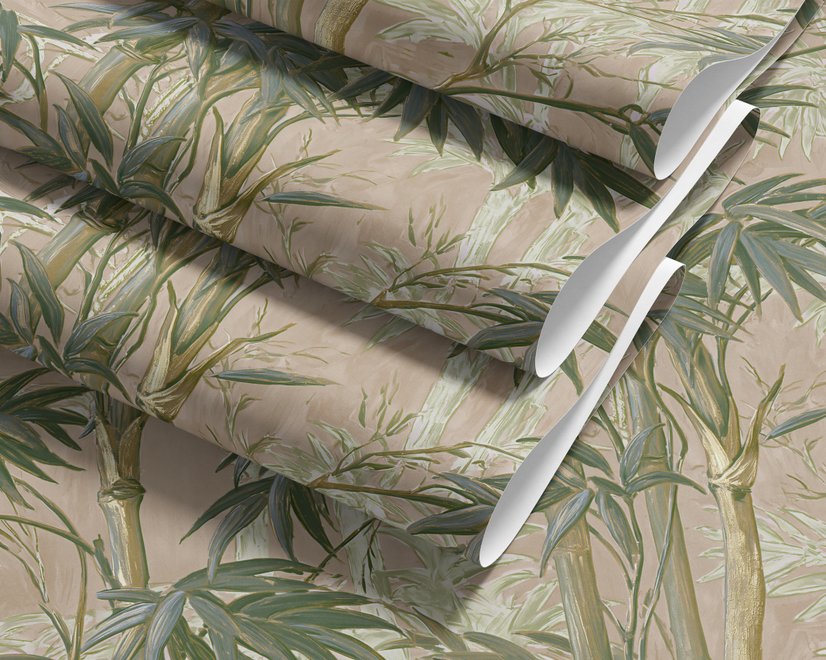 Vintage bamboo wallpaper with sage and smoky blue-green leaves on a warm taupe ground