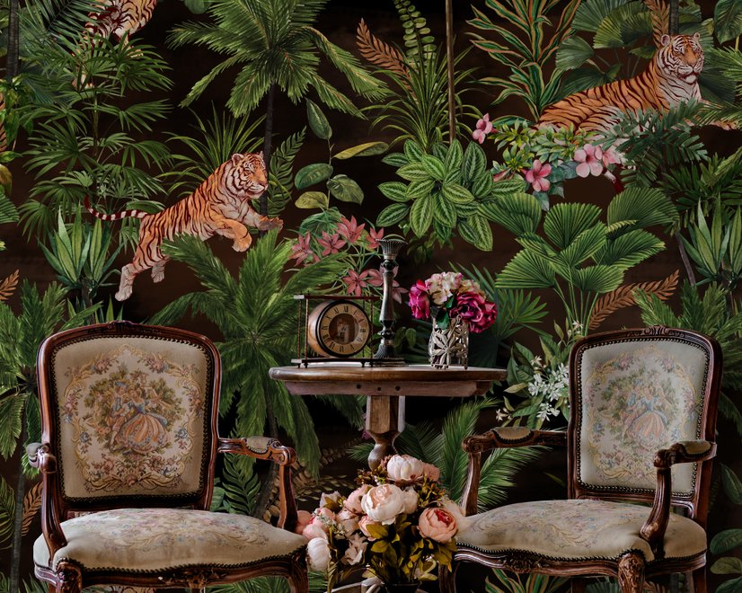 Papier peint arbres tropicaux sombres avec léopards