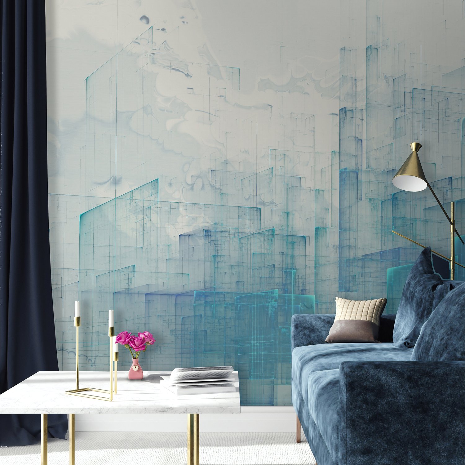 Abstract Blue Monochrome City Landscape Wallpaper Mural - Peel and Stick