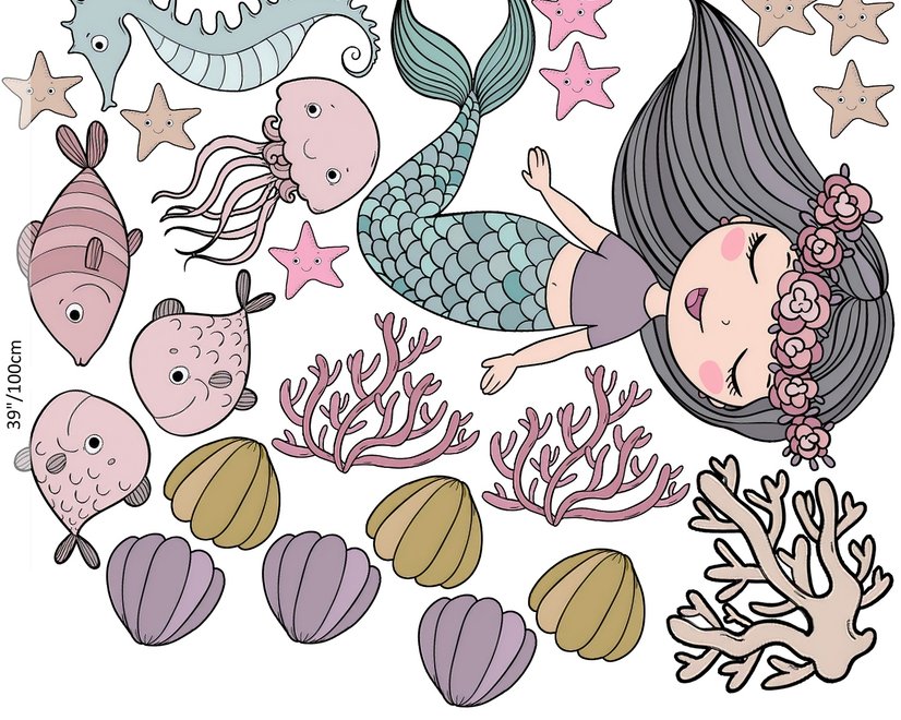 Stickers muraux sirène Ariel et sous-marin pour enfants