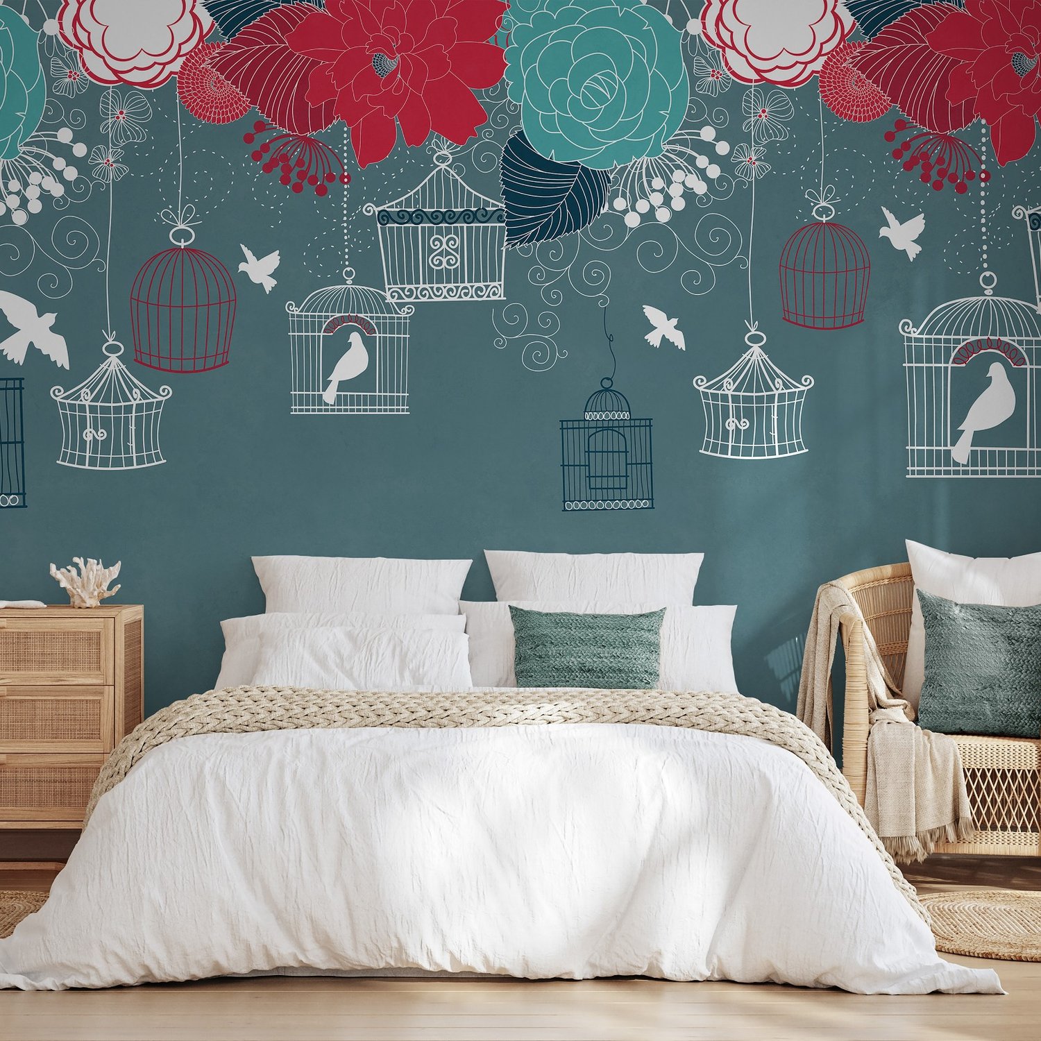 Cage Birds and Colorful Flowers Wallpaper Mural - Peel and Stick