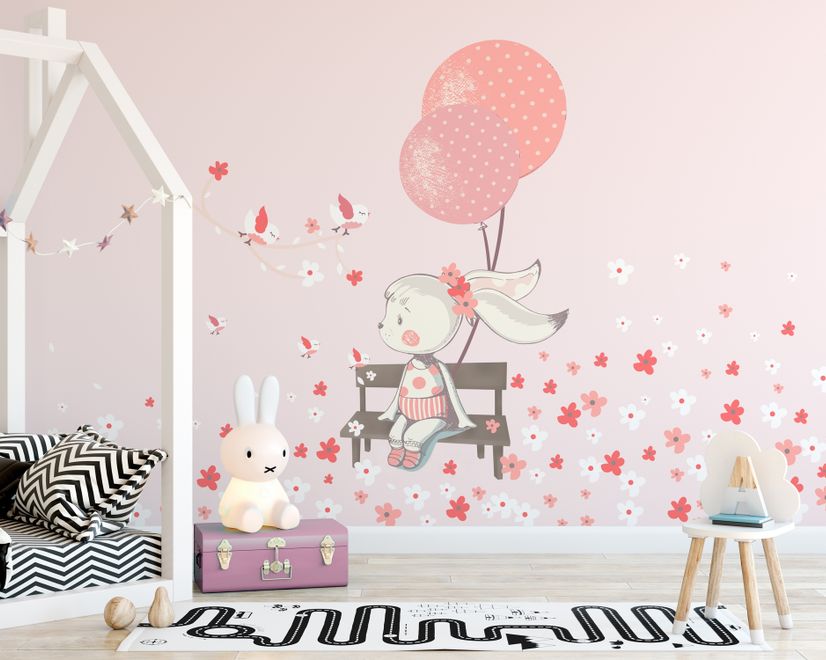Cute Bunny with Pink Balloons and Little Flowers Wall Decal Sticker