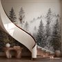 Monochrome forest with fog wallpaper mural showing tall pine trees, firs and silver-grey mist
