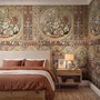 Antique style wallpaper mural with tulip vase medallion, floral tile panels and burgundy borders