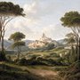 Vintage oil painting wallpaper of cypress trees, villas and a domed cathedral in an Italian landscape