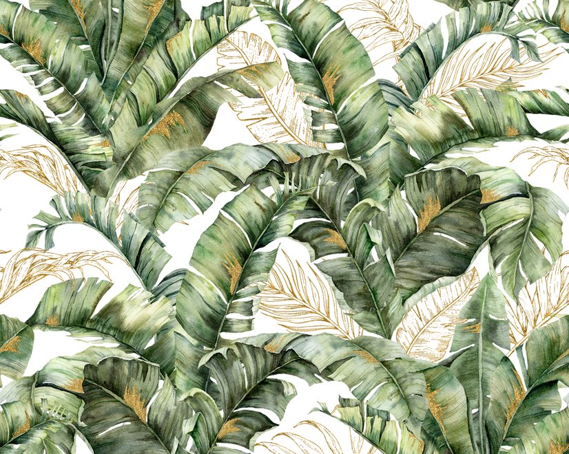 Watercolor Tropical Banana Leaf with Faux Gold Details Wallpaper Mural
