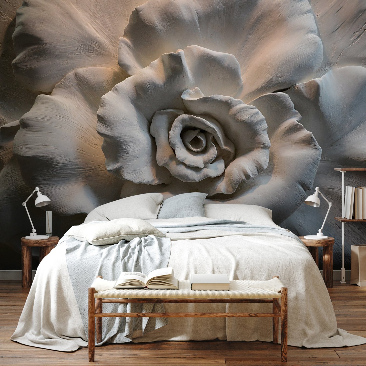 3D Embossed Look Cement Roses Wallpaper Mural - Peel and Stick