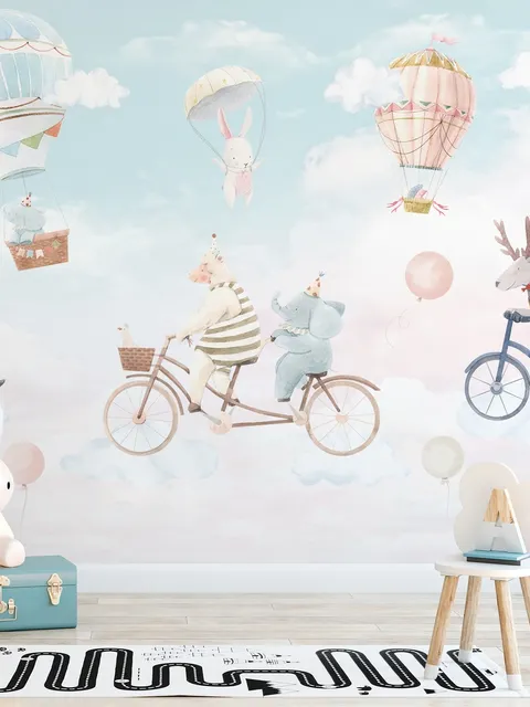 Watercolor Happy Animals in the Sky for Kids Wallpaper Mural