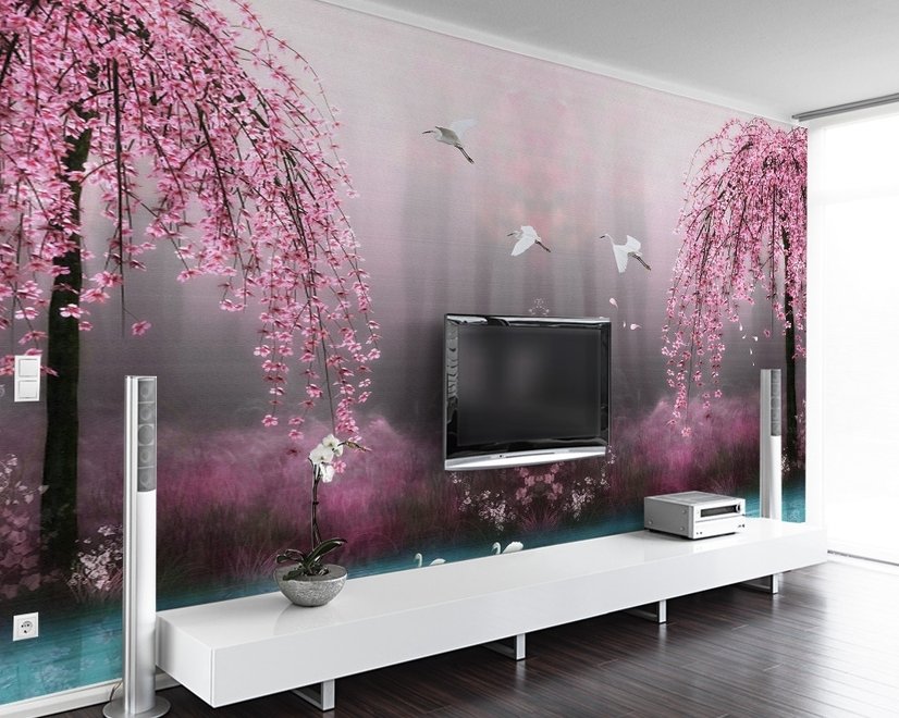 Papier peint panoramique Sakura, fleurs de cerisier roses