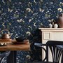Midnight navy moody botanical wallpaper with lavender butterflies, ivory moons, gold stars, flowers and mushrooms