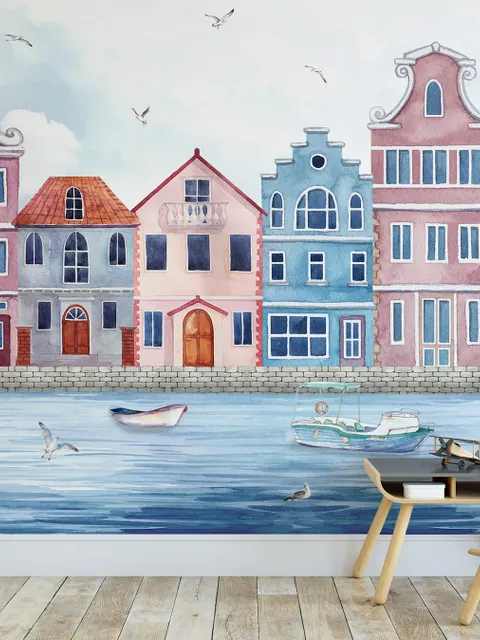 Watercolor Dutch Houses Wallpaper Mural for Kids