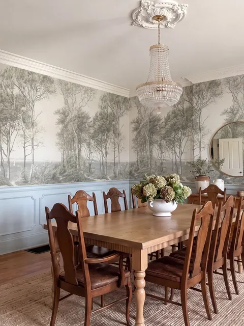 Coastal woodland wallpaper mural with grey trees, sandy path, sea horizon and small white sailboats