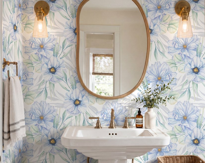 Blue floral wallpaper with watercolour anemone blooms, mint sage leaves and yellow ochre centres on white
